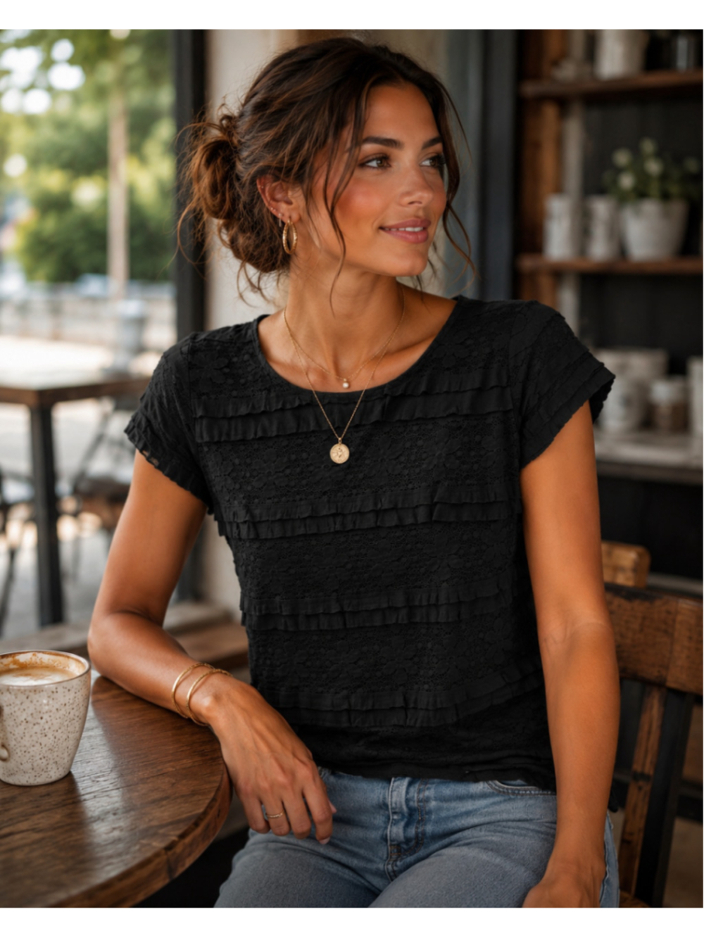 Women's MADISON Black Lace Ruffle Short Sleeve Tee PS Summer
